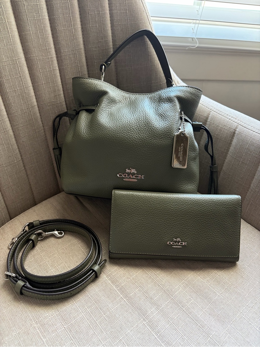 Coach Pebbled Leather Shoulder Bag and Wallet in Olive